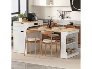 Ilot central de cuisine - 80x55x153cm - desserte extensible avec table, prises, étagères et roulettes - blanc et bois