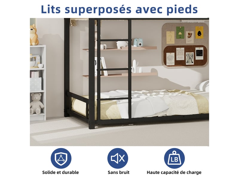  Lit superposé métal 2 x 90 x 190 cm, 2 places avec échelle intégrée, garde-corps et sommier à lattes, noir  - Conforama E
