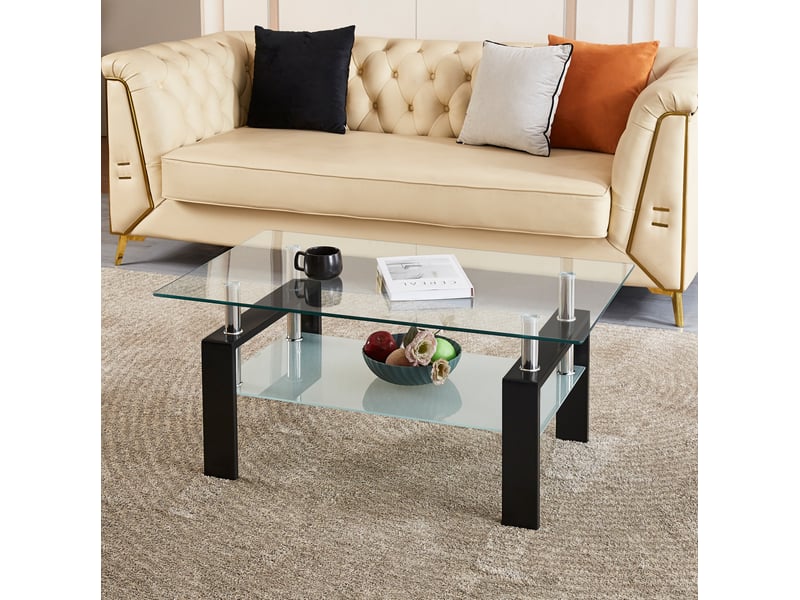 Table basse fixe à deux plateaux en verre trempé avec structure métallique pour salon, transparente, 100 × 60 × 44 cm - Conforama B