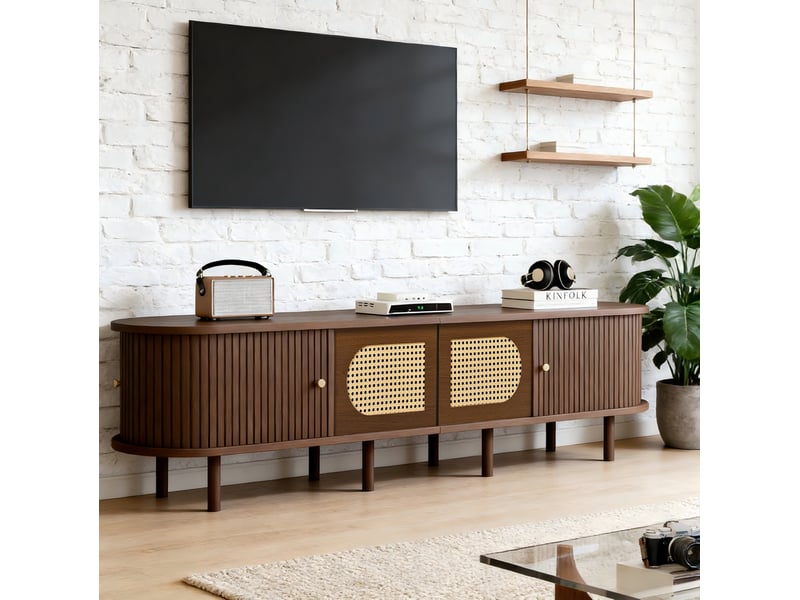  Meuble tv 180 x 40 x 40 cm – chêne foncé – style rotin, rangements fermés et support jusqu'à 80 pouces  - Conforama D