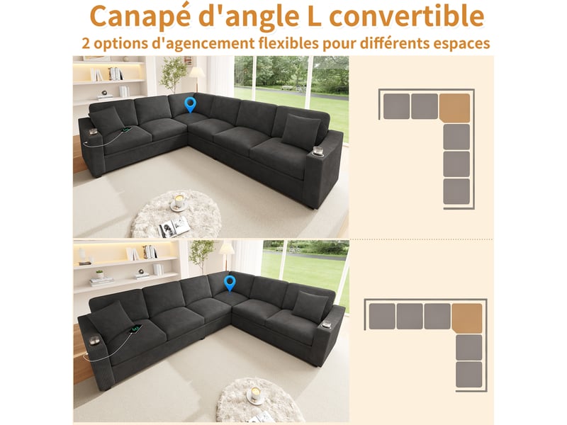  Canapé d’angle modulaire 277 x 215 x 85 cm, 6 places, usb type-c, 2 porte-gobelets, 2 coussins, velours côtelé gris  - Conforama D