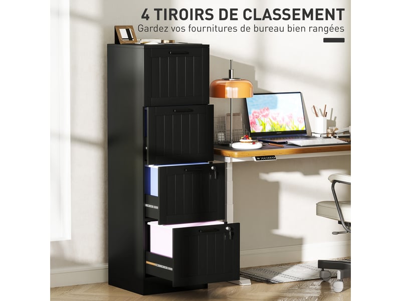  Caisson bureau, meuble rangement bois 4 tiroirs et serrure, barres de suspension réglables, 40 x 40 x 131 cm, noir  - Conforama E