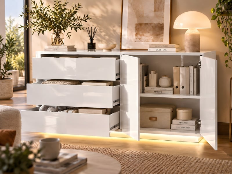  Kefsr buffet blanc brillant avec led - meuble tv &amp; bahut moderne 2 portes 3 tiroirs, sans poignée, design laqué pour salon, salle à manger et entrée (160x35x76cm)  - Conforama B