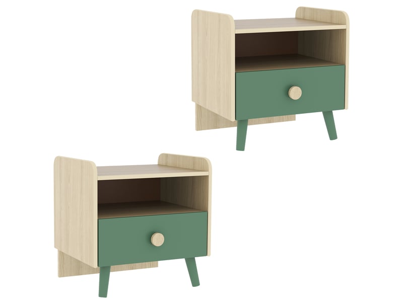  Lot de 2 tables de chevet enfant, tables de nuit enfant avec tiroir et niche, pour chambre d'enfant, 40x32,5x40cm, vert  - Conforama B