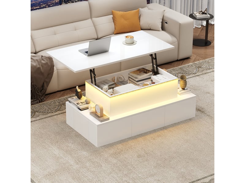  Table basse relevable 100x50x40 cm avec led, mdf blanc brillant  - Conforama D