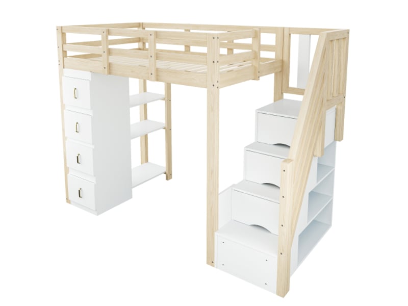  Lit mezzanine 90x200 cm en bois massif – tiroirs, étagères intégrées, échelle sécurisée, finition naturelle  - Conforama A