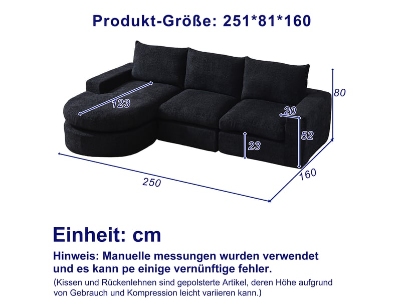  Canapé d'angle réversible 3 places modulable avec méridienne et coussins de nuque en chenille noir  - Conforama C