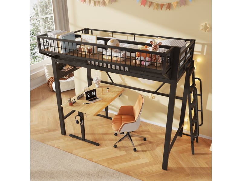 Lit mezzanine 90x200 cm en métal avec rangements noir  - Conforama E