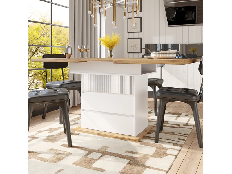 Table extensible, 110-140x80x75 cm, à double rallonge avec espace de rangement, pratique, mdf, coloris naturel et blanc - Conforama D