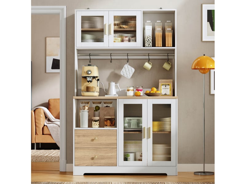 Buffet de cuisine haut avec 4 portes vitrées, 2 tiroirs, led et prises, en mdf blanc et naturel 110 × 40 × 178 cm  - Conforama D