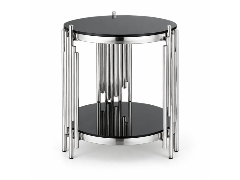  Table basse ronde 56.5x51.0x27.0 cm à 2 niveaux en acier inoxydable et verre trempé noir et argent  - Conforama A