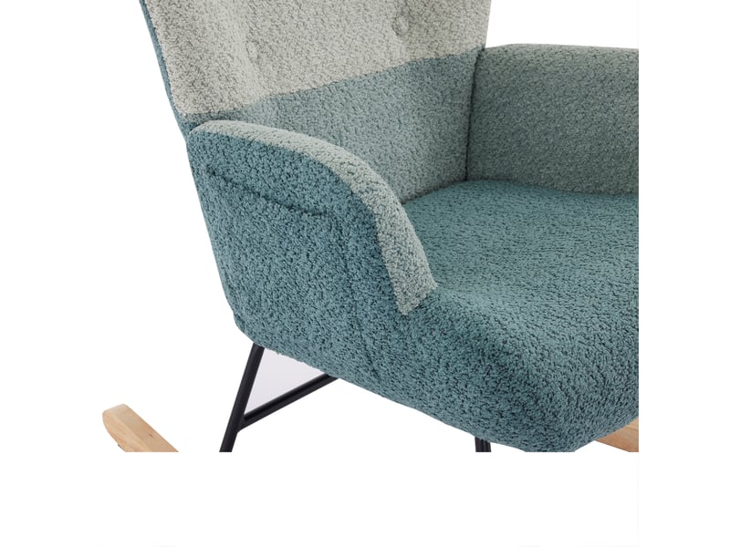  Fauteuil à bascule 83x65,5x95 cm, dossier 60 cm, poche latérale, coussin épais, pieds bois, bouclé multicolore  - Conforama E