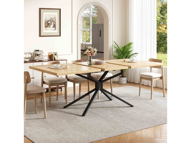 Table à manger extensible rectangulaire 120160x90 cm pour 4 à 6 personnes, plateau mdf effet chêne clair, piètement métal noir design étoile - Conforama B