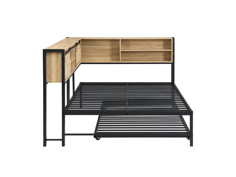  Lit gigogne - lit double en métal 120 x 200 cm avec lit gigogne 90 x 190 cm, rangement imitation bois, noir+naturel  - Conforama B