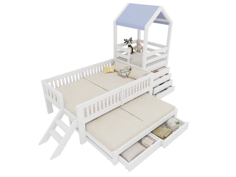  Lit cabane enfant avec lit gigogne 90x200 cm, couchage 90x190 cm, bloc de 4 tiroirs à droite, escalier, toit en tissu, bois massif blanc Radiant Stride - Conforama A