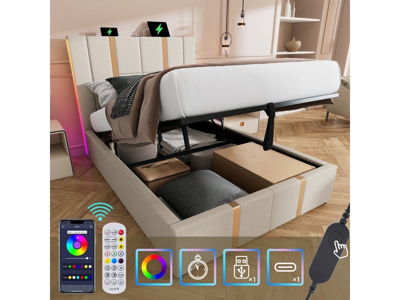  Lit coffre beige 90 x 200 cm, tissu effet lin, led rgb et usb type-c  - Conforama B
