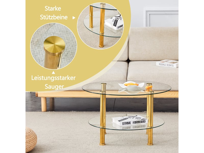  Table basse ronde en verre à 2 niveaux, pieds en métal doré, ø 70 cm  - Conforama D