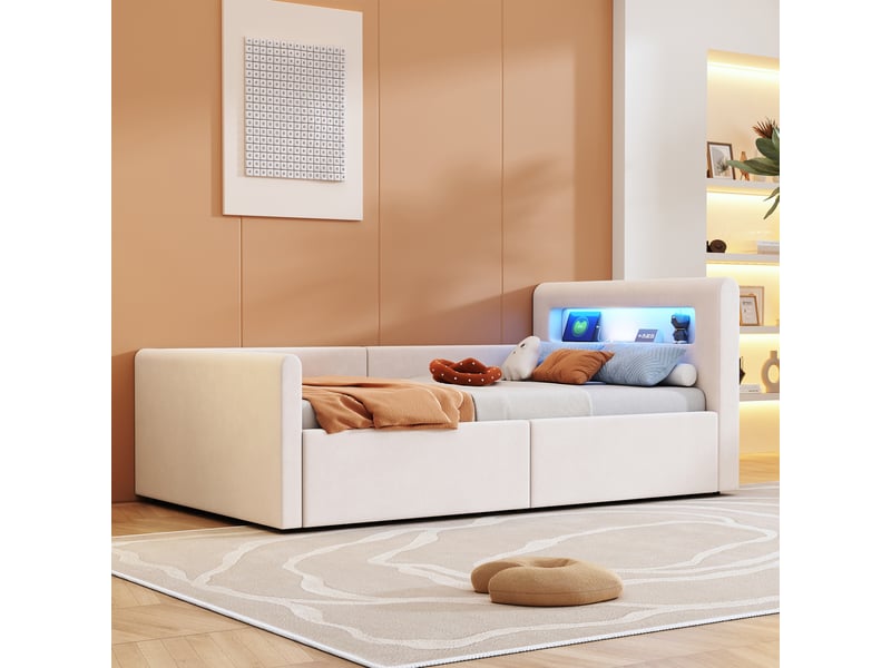  Lit coffre enfant 90x200 cm, led, port usb, espace de rangement, sommier, velours beige, sans matelas  - Conforama W