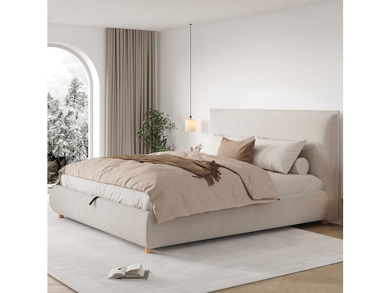  Lit double coffre 180x200cm, pieds en bois, tête de lit, sommier, lit adulte, tissu en velours, couleur crème, sans matelas  - Conforama B