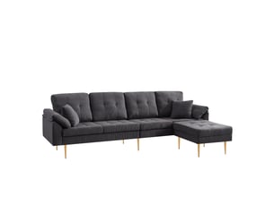 Canapé droit 4 places avec pouf mobile, configuration d’angle et pieds hauts en fer, velours côtelé gris foncé, 250 cm