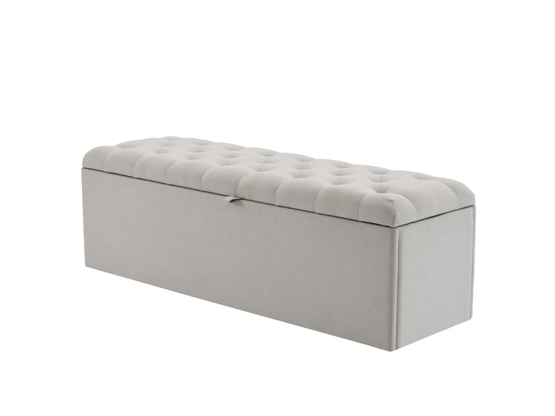  Banc de rangement en lin, coffre bout de lit 141 cm, pouf capitonné avec grand espace, bout de lit gris clair pour chambre.  - Conforama R