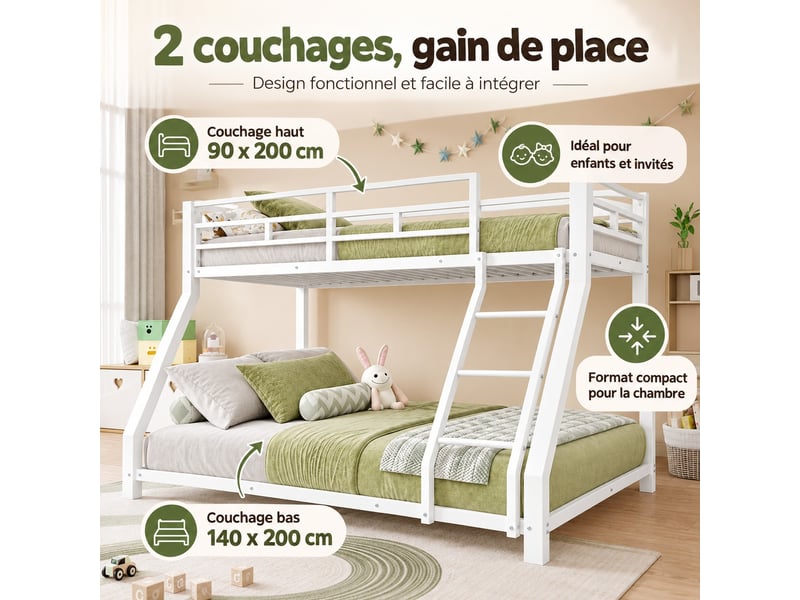 Lit superposé enfant 90140 × 200 cm en métal blanc avec échelle, garde-corps et sommier, conforme en 747, sans matelas - Conforama D