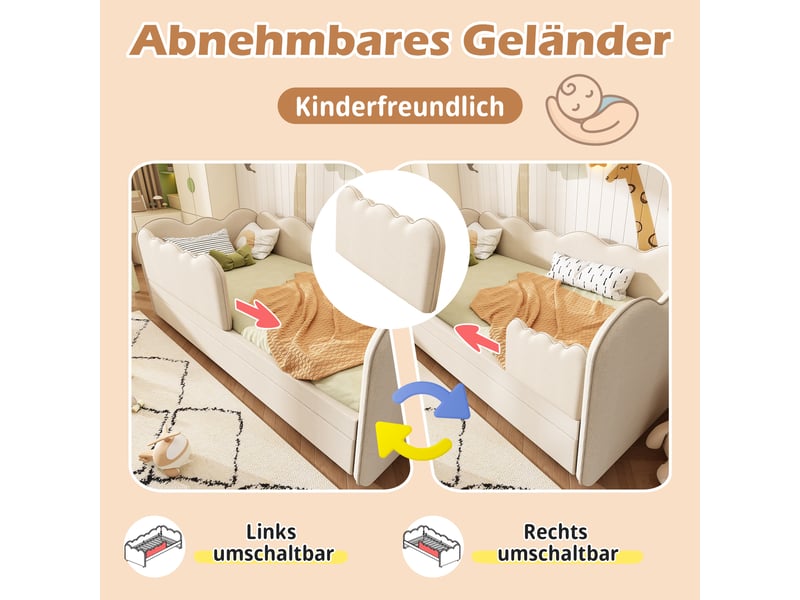  Canape lit rembourré 90x190 cm avec lit gigogne, lit enfant avec sommier à lattes, cadre de lit 1 personne, beige, lin  - Conforama D