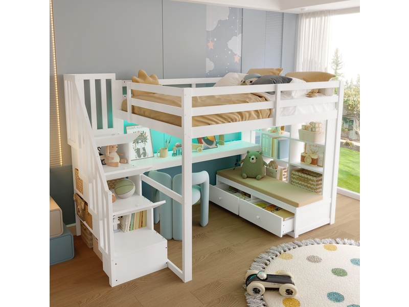  Lit mezzanine 140x200 cm avec bureau, étagères, tiroirs et escalier de rangement mdf et bois blanc matelas non inclus  - Conforama E