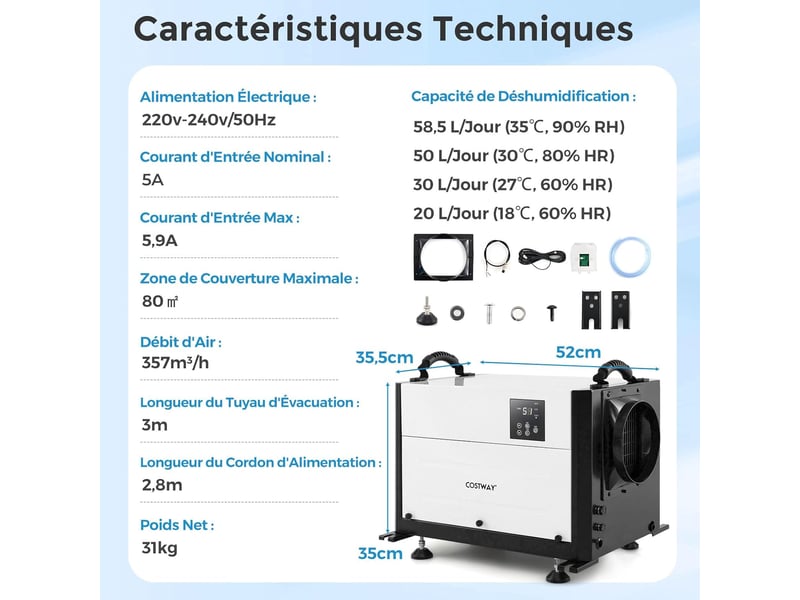 Déshumidificateur professionnel 58,5l, 3 modes minuterie 24h, dégivrage automatique (blanc)  - Conforama D