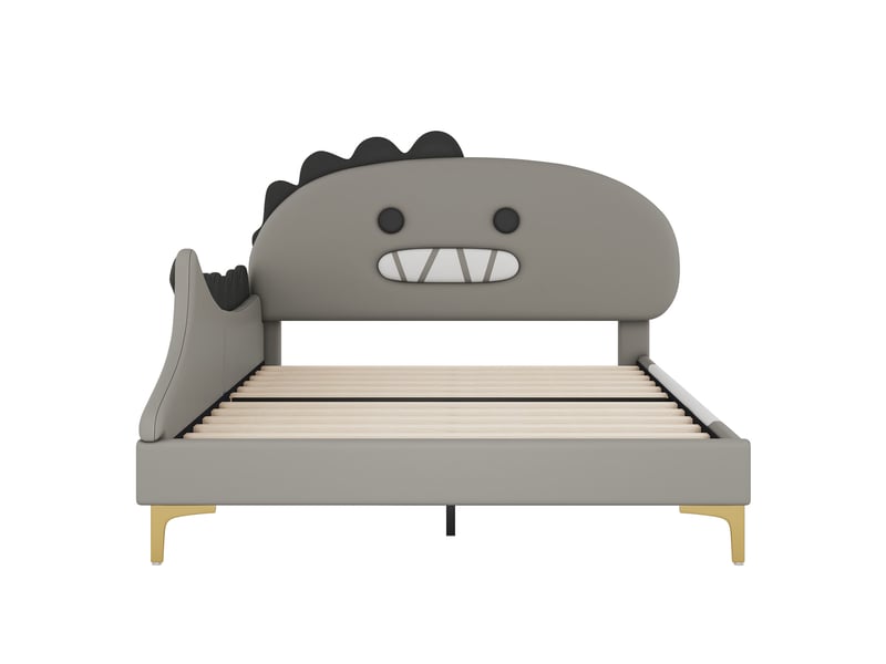  Lit enfant dinosaure gris 140x200 cm au sol en similicuir pu rembourré  - Conforama A