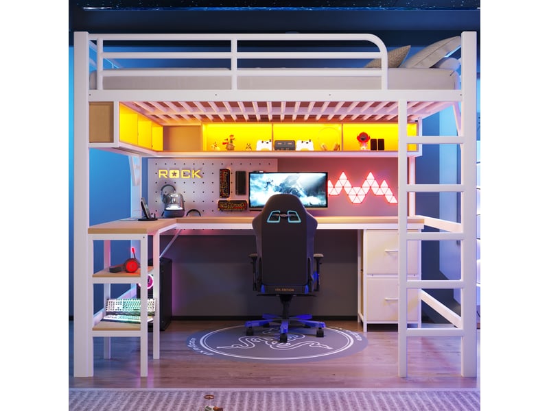 Lit mezzanine gamer 140 x 200 cm, métal, bibliothèque, bureau, armoire, usb, led, blanc - Conforama B