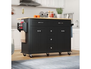 Desserte de cuisine 140 x 65 x 89 cm noir et naturel en mdf, plateau rabattable avec 5 tiroirs et 4 portes