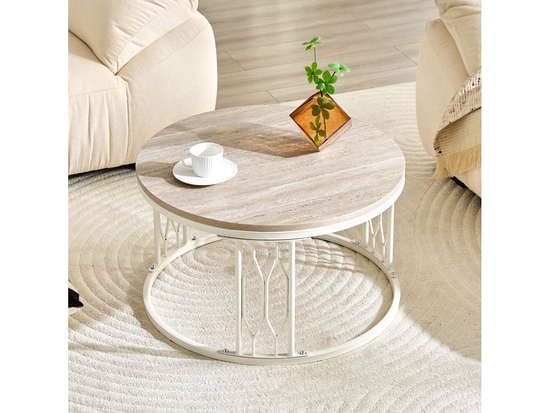  Table basse ronde 70 cm en mdf aspect bois et métal blanc, hauteur 40,5 cm  - Conforama E