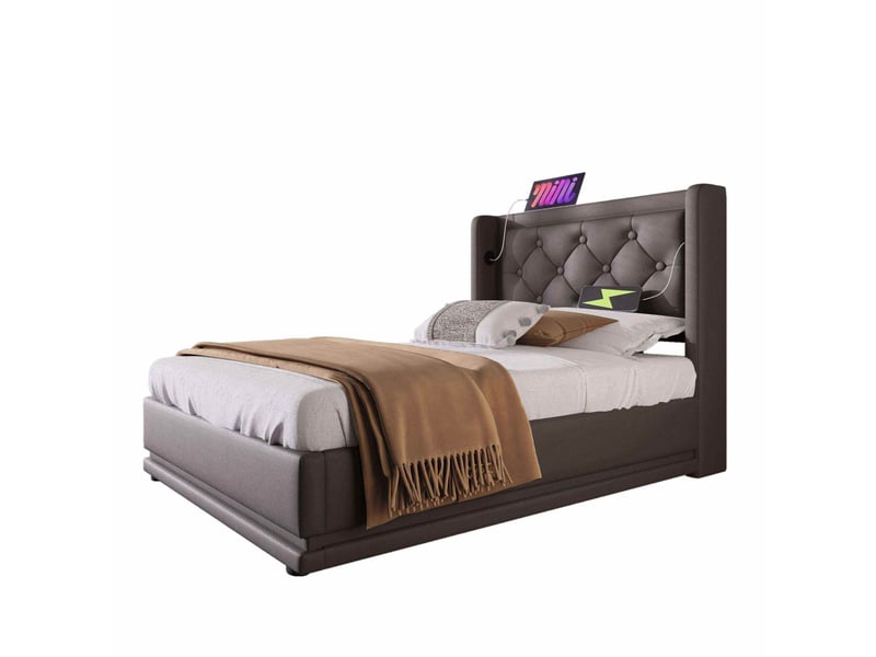  Modenvie lit coffre 90x200 cm - tête de lit capitonnée, led 3 faces, sans matelas - noir  - Conforama A