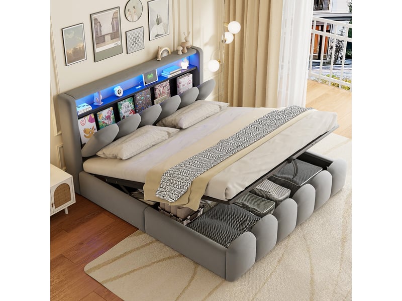  Lit coffre rembourré 180x200 cm coloris gris led velours lit adulte gris - Conforama B