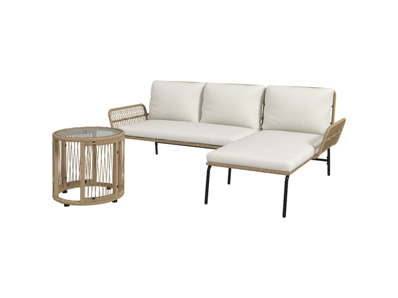 Salon de jardin d'angle 3 pl. En résine tressée avec canapés, chaise longue, table basse et coussins - Conforama A
