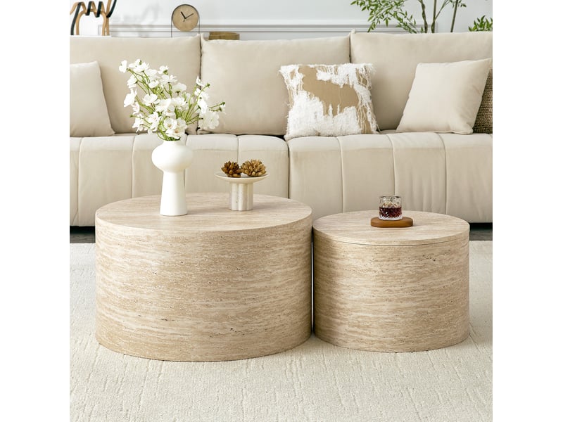  Tables basses gigognes rondes avec rangements intérieurs et couvercle amovible en mdf effet bois moderne pour salon  - Conforama E