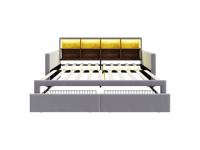  Lit canapé extensible velours gris clair 90/180x190 cm avec 2 tiroirs, led et usb  - Conforama A