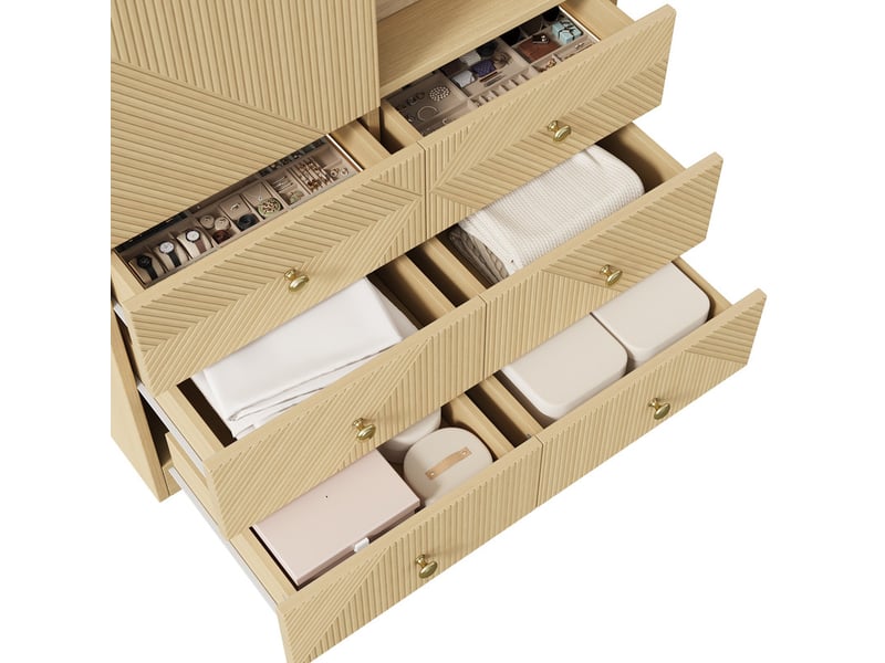  Armoire multifonction à portes battantes, 90 x 50 x 200 cm, 2 portes, 1 penderie et 6 tiroirs, style moderne, effet chêne  - Conforama E