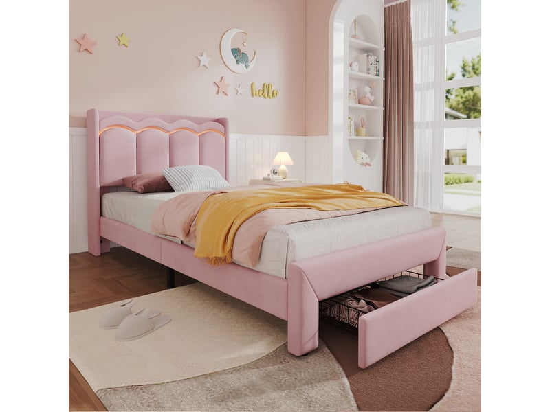  Lit enfant， 90x200 cm ， avec tiroir tête ondulée led ，velours ，rose  - Conforama D