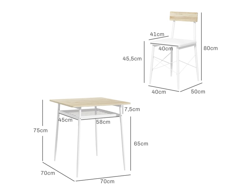  Ensemble table et chaises 3 pièces avec étagère ouverte, structure en acier blanc et chêne  - Conforama E