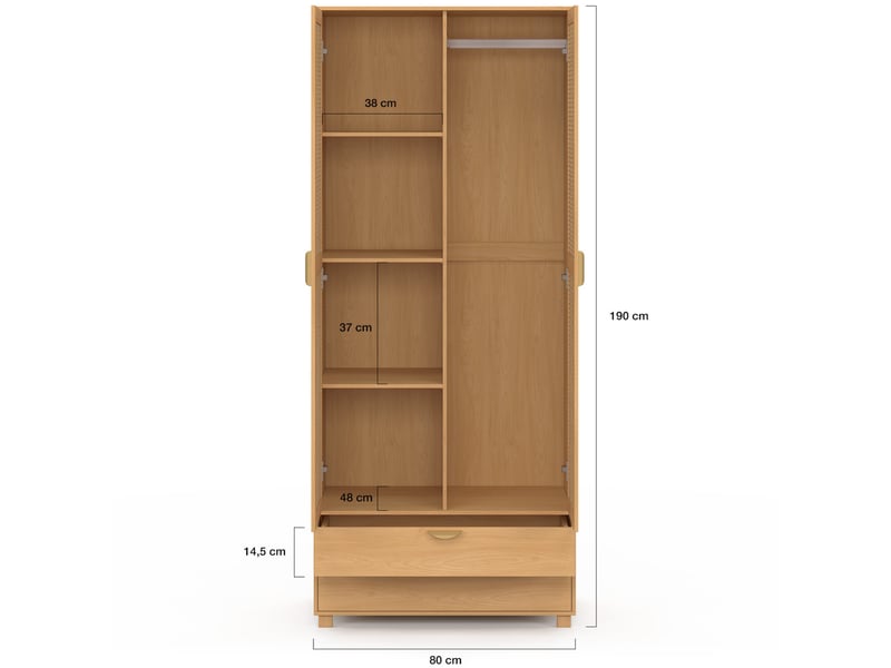 Armoire 2 portes edhen bois et cannage penderie 80 cm avec 2 tiroirs et étagères - Conforama D