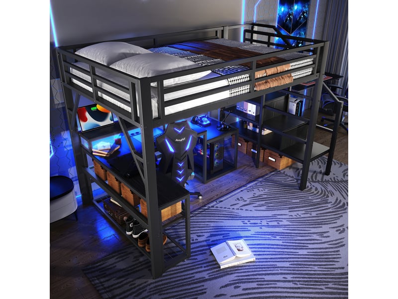  Lit mezzanine 140 x 200 cm avec bureau intégré, métal et mdf, noir, éclairage led connecté  - Conforama D