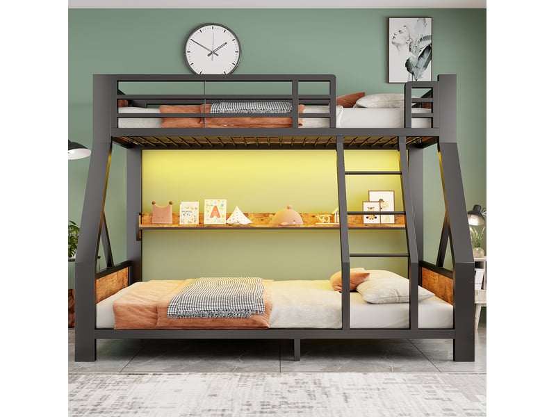  Lit superposé 90x200 et 140x200 cm avec led et étagère, métal noir, sans matelas  - Conforama B