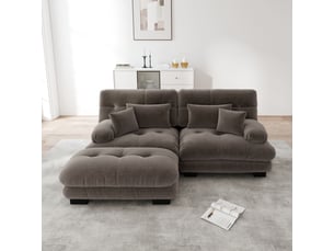 Canapé d'angle, canapé 2 places – en chenille, coussins inclus, marron, larges accoudoirs, avec pouf, style cloud