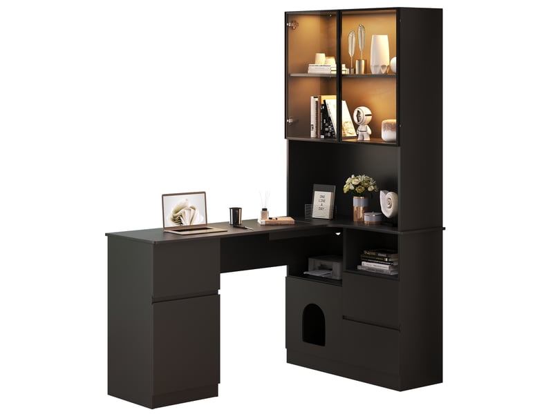  Bureau d’angle 120 × 80 × 180 cm, avec étagères et vitrine led, 3 tiroirs, 2 portes et rangement ouvert, mdf, noir, façade vitrée, finition soignée CARDUME ESTIVAL - Conforama A