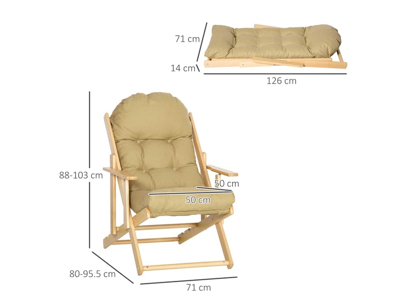  Fauteuil chaise de salon pliable et inclinable en bois fauteuil relax confortable avec coussin capitonné épais - 71 x 89 x 96 cm marron clair  - Conforama E