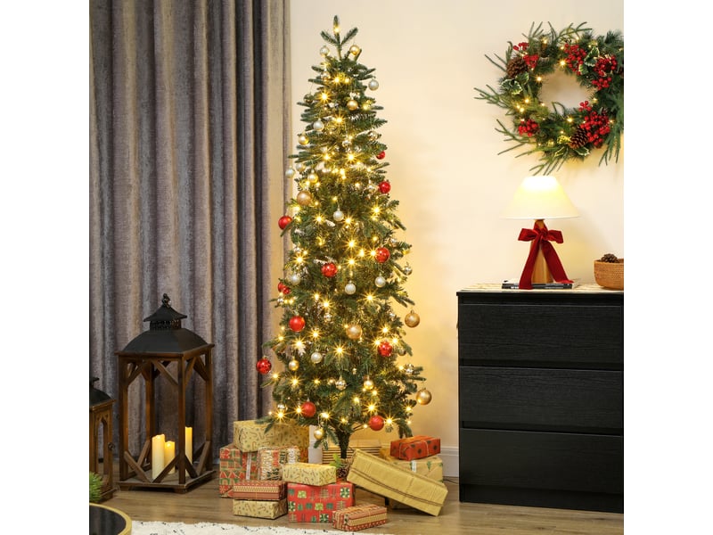  Sapin de noël artificiel 180 cm, arbre de noël slim avec 200 lumières 8 modes d'éclairage 605 branches articulées, vert  - Conforama B