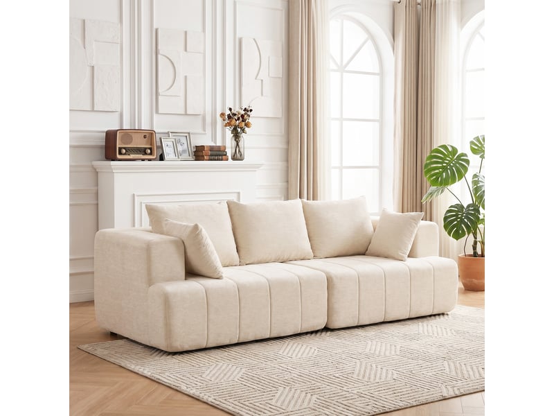  Canapé 3 places en chenille 248 cm, canapé salon moderne, large assise rembourrée, beige, coussins à ressorts  - Conforama D