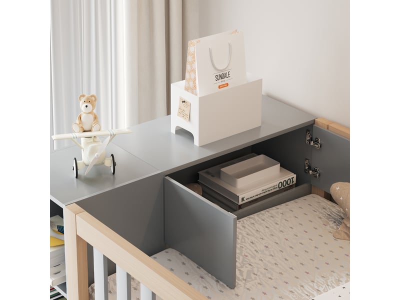  Lit mezzanine 90x200 cm avec étagères et armoire, lit enfant avec échelle de sécurité, gris + bois naturel, lit 1 personne  - Conforama R